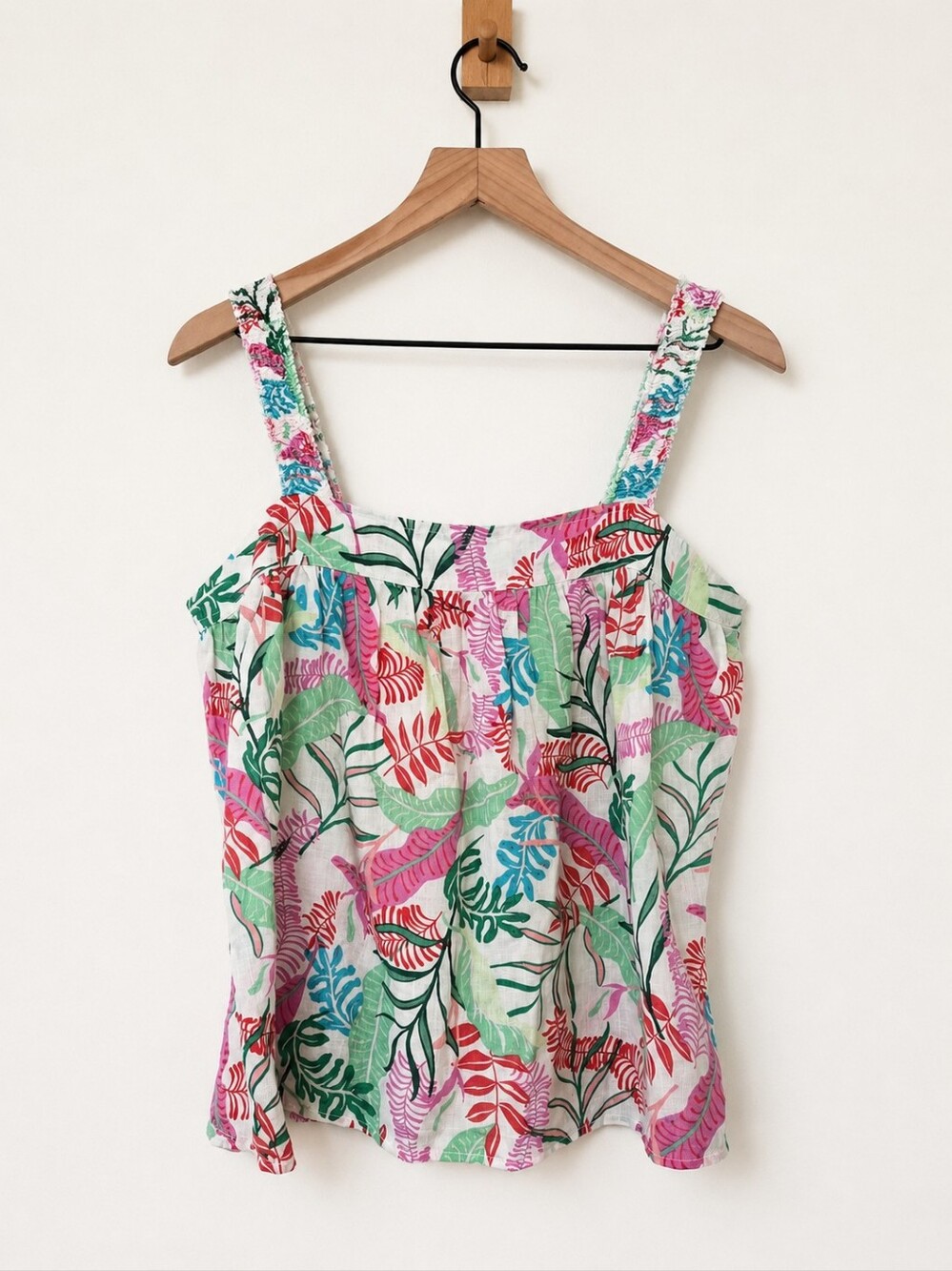 Cynthia Rowley 100% Linen Tropical Print Tank Top | Smocked Straps | Women's Med